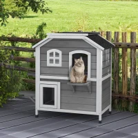 PawHut 2-Storey Outdoor Cat House, Wooden Catio with Openable Roof, Lounge Space, Fun Entrances, for Feral Cats, Grey(m-8)