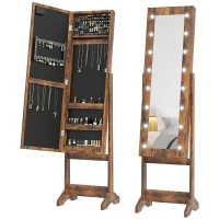HOMCOM Free Standing Armoire Organizer, Lighted Mirrored Jewelry Cabinet w/ Angle Adjustable & 16 LED Lights Rustic Brown(m-11)