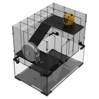 PawHut Hamster Cage, Gerbil Cage with Glass Basin for Small Hamsters, Black(m-9)