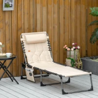 Outsunny Outdoor Lounge Chair, Folding Chaise Lounge, Patio Padded Tanning Chair with 5-position Adjustable Backrest, Pillow and Pocket for Deck, Beach, Lawn and Sunbathing, Beige(m-8)