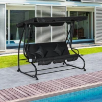 Outsunny 3-Seat Outdoor Patio Swing Chair, Converting Flatbed, Outdoor Swing Glider with Adjustable Canopy, Removable Cushion and Pillows, for Porch, Garden, Poolside, Backyard, Black(m-10)