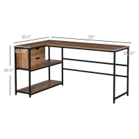 HOMCOM L-Shaped Home Offie Computer Desk with Storage Shelves, 2 Dawers and Industrial Steel Frame, Black/Brown(m-3)