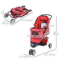 PawHut 3 Wheels Foldable Dog Stroller with Storage Basket, Adjustable Canopy, Cupholder for Miniature and Small Dogs, Red(m-3)
