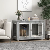PawHut Pet Crate Side End Table for Indoor Use with Cushion, Double Doors, Grey(m-1)