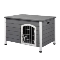 PawHut 31" Folding Dog House, Portable Pet Crate Kennel, Wooden Wire Cage for Miniature and Small Sized Dogs with Lockable Doors Open Top Removable Tray, Grey(m-11)