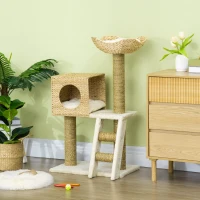 PawHut Cattail Weave Cat Tree for Indoor Cats Kitty Tower with Rattan Cat Condo, Wicker Bed, Ladder, Washable Cushions, 22.5" x 14.5" x 39.5", Natural(m-9)