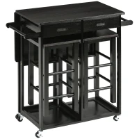 HOMCOM Bamboo Breakfast Cart 3 Piece Kitchen Trolley with Drop Leaf Table and 2 Square Stools, Coffee Brown(m-11)