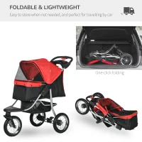 PawHut Luxury Pet Stroller Lightweight Dog Cat Travel Carriage with 3-Rubber Wheels, One-click Folding Design, Adjustable Canopy, Zippered Mesh Window Door, Red(m-5)