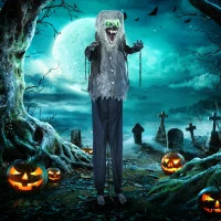 HOMCOM 6.9' Life Size Decoration Animatronic Skeleton Werewolf Outdoor Halloween, Sound and Motion Activated w/ Light Up Eyes(m-1)