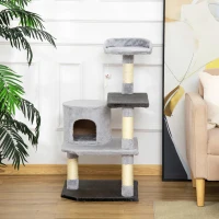 PawHut 39" Cat Scratching Tree, Kitten Condo Playhouse, Kitty Activity Center, Rest Post Top Perch with Hanging Toy - Grey(m-9)