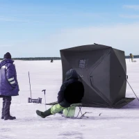 Outsunny 2 Person Ice Fishing Shelter, Pop-Up Portable Ice Fishing Tent with Carry Bag, Windows and Anchors for Low-Temp -22℉, Black(m-2)