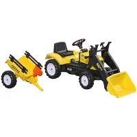 Aosom Ride-On Kids Bulldozer/Excavator Toy with Real Working Dirt Bucket, Easy Pedal Controls, 6 Wheels, & Cargo Trailer(m-1)