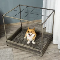 PawHut Wicker Dog House for Indoor Outdoor, Elevated Pet Sofa, Rattan Cat Bed for Garden Patio, Weatherability Roof for Medium-Sized Dogs, Grey(m-9)