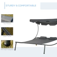 Outsunny Patio Double Chaise Lounge Chair, Outdoor Wheeled Hammock Daybed with Adjustable Canopy and Pillow for Sun Room, Garden, or Poolside, Grey(m-7)