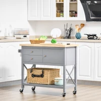 HOMCOM Rolling Kitchen Island Cart, Utility Trolley Cart with Rubberwood Top Storage Cabinet, 2 Drawers, Towel Rack, Grey(m-2)