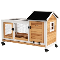 PawHut Wooden Rabbit Hutch with Wheels, Run, Slide-out Tray for Small Animals, Guinea Pig, Yellow