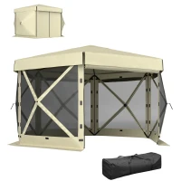 Outsunny 12' x 12' Hexagonal Pop Up Gazebo Canopy Tent with 5 Sidewalls, Outdoor Canopy Shelter with Carry Bag, Beige(m-11)
