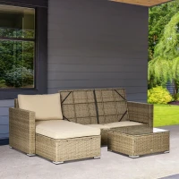 Outsunny 3 Piece Sectional Patio Furniture Set, Outdoor Wicker Rattan Sofa Couch with Table, Storage, 52.75"x30"x29.5", Khaki(m-10)