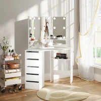 HOMCOM Makeup Vanity Table with 3-Panel Mirror and 10 LED Lights, Dressing Table with 5 Drawers and Shelves for Bedroom, White(m-9)