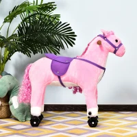 Qaba Kids Plush Ride On Toy Walking Horse with Wheels and Realistic Sounds, 30"H, Pink(m-7)