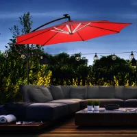 Outsunny 10ft Cantilever Solar Hanging Offset Umbrella Outdoor LED Lights Aluminum Market Banana Parasol Crank w/ Cross Base Garden Sun Shelter Red(m-8)