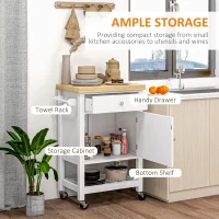 HOMCOM Kitchen Island on Wheels, Rolling Kitchen Cart with Rubberwood Top, Drawer, Wine Rack and Cabinet, White(m-4)