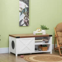 PawHut Cat Litter Box Enclosure with Sliding Door, Cat Washroom Storage Bench with Cat Hole, Indoor Cat House End Table with Sturdy Wooden Structure, White(m-8)