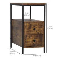 HOMCOM Side Table with 2 Drawers and Storage Shelf, Narrow End Table Nightstand with Metal Frame for Small Spaces, Rustic Brown(m-3)