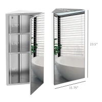 kleankin 12 Inch x 24 Inch Triangle Corner Mirror Medicine Cabinet Wall Mounted with Door 3 shelves, Multipurpose Storage Organizer for Bathroom(m-3)
