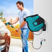 Outsunny Retractable Garden Hose Reel 1/2" x 49 ft Wall Mounted with Automatic Rewind, 180° Swivel Bracket, Any Length Lock, 7 Pattern Hose Nozzle(m-7)