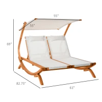 Outsunny Wooden Outdoor Double Chaise Lounge, Patio Loveseat Tanning Chair with Adjustable Canopy Shade, 3-Level Backrest, Removable Pillows for 2 People for Poolside, Beige(m-3)