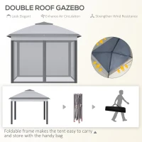 Outsunny 11' x 11' Pop Up Canopy, Double Roof Foldable Canopy Tent with Zipper Mesh Sidewalls, Height Adjustable and Carrying Bag, Event Tent for Patio Garden Backyard, Grey(m-4)