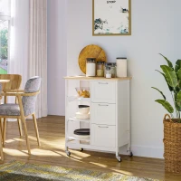 HOMCOM Kitchen Cart, Kitchen Island Coffee Bar Cart on Wheels with Wooden Top, Utility Trolley with 3 Storage Drawers, 2 Shelves, Removable Tray for Dining Room, White(m-8)