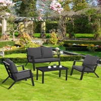 Outsunny 4 Piece Patio Furniture Set, Outdoor Conversation Set with Armchairs, Loveseat, Coffee Table and Cushions for Backyard, Poolside, Lawn and Garden, Black(m-10)