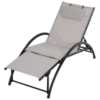 Outsunny Outdoor Lounge Chair with Breathable Mesh Fabric Seat, 5-Level Adjustable Reclining Chair with Aluminum Frame, Headrest Pillow, Adjustable Footrest, Beige(m-11)