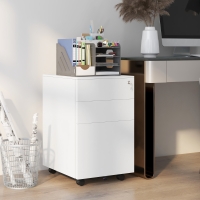 Vinsetto Vertical Steel Filing Cabinet on Wheels, 3-Drawer Lockable File Cabinet with Adjustable Hanging Bar for A4, Legal and Letter Size, for Home Office, White