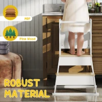 Qaba 2 in 1 Toddler Tower Kitchen Helper w/ Chalkboard, Safety Rail, for Counter, Bathroom, Sink, Kitchen, White(m-7)