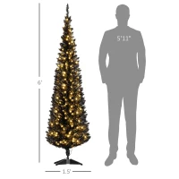 HOMCOM 6ft Pencil Christmas Tree, Slim Artificial Christmas Tree with Realistic Branches and Warm White LED Lights, Black(m-3)