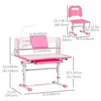 Qaba Kids Desk and Chair Set Height Adjustable Student Writing Desk Children School Study Table with LED Lamp, Bookshelf, Drawer, Reading Board, Pen Slot, Hook, Pink(m-3)