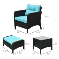 Outsunny 5 Pieces Wicker Patio Furniture Sofa Set Thick Padded Cushions, Outdoor PE Rattan Conversation Coffee Set with Armchairs, Footstools and Glass Top Table, Light Blue(m-3)