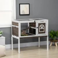 PawHut Wood Rabbit Hutch, Elevated Guinea Pig Cage with Run, Coffee(m-10)