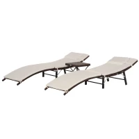Outsunny Patio Chaise Set, Set Of 2 Folding Pool Lounge Chairs with Side Table, Outdoor PE Rattan Wicker, Cushion, Pillow for Beach, Beige(m-11)