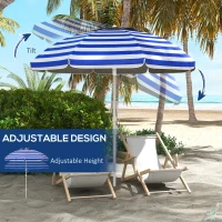 Outsunny 5.7' Beach Umbrella for Travel with Tilt, Adjustable Height, 2 Cup Holders, Hooks, Vent, Ruffles, Blue Stripe(m-5)