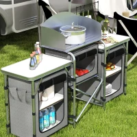 Outsunny Aluminum Camping Kitchen, Portable Folding Camping Table with Fabric Cupboards, Windshield, Bag for BBQ, Picnic, Gray(m-8)