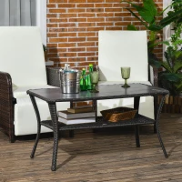 Outsunny Outdoor Patio PE Rattan Coffee Table with Storage Shelf, Wicker Side Table with Glass Top, Black(m-8)