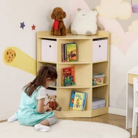 HOMCOM Kids Corner Cabinet, Cubby Toy Storage Organizer, Bookshelf Unit with Three Baskets for Playroom, Bedroom, Living Room, Natural(m-2)