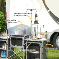 Outsunny Aluminum Camping Kitchen, Portable Folding Camping Table with Fabric Cupboards, Windshield, Bag for BBQ, Picnic, Gray(m-5)