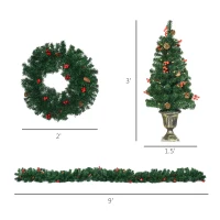 HOMCOM Prelit Holiday Christmas 4-Piece Set, Garland Wreath and Set of 2 Entrance Trees with Warm White LED Lights, Red Berries, Pine Cones, Green(m-3)