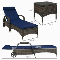 Outsunny Patio Wicker Chaise Lounge Chair Set of 2 with Table, Adjustable Backrest, Wheels, Cushion & Headrest, Dark Blue(m-3)