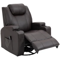 HOMCOM Massage Recliner Chair, Swivel Nursery Rocker Chair, Manual Reclining Sofa with 8 Vibration Points, PU Leather, Cup Holders, Side Pockets, for Living Room, Brown(m-11)